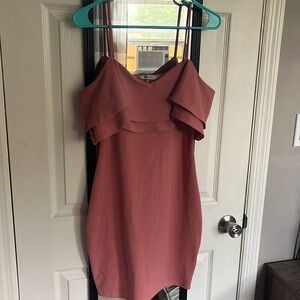 Salmon pink dress with spaghetti straps and sleeves off the shoulder